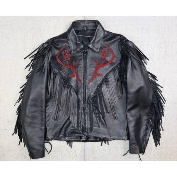 Vintage Black Leather Fringe Jacket w/ Red Rose Embroidery - Women’s M - Picture 1 of 10